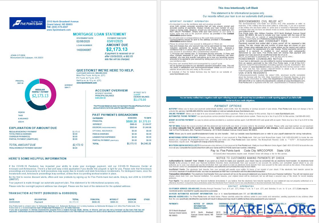 Downloadable USA Nebraska Five Points Bank mortgage loan statement in Word and PDF formats , 4 pages 1 2 template